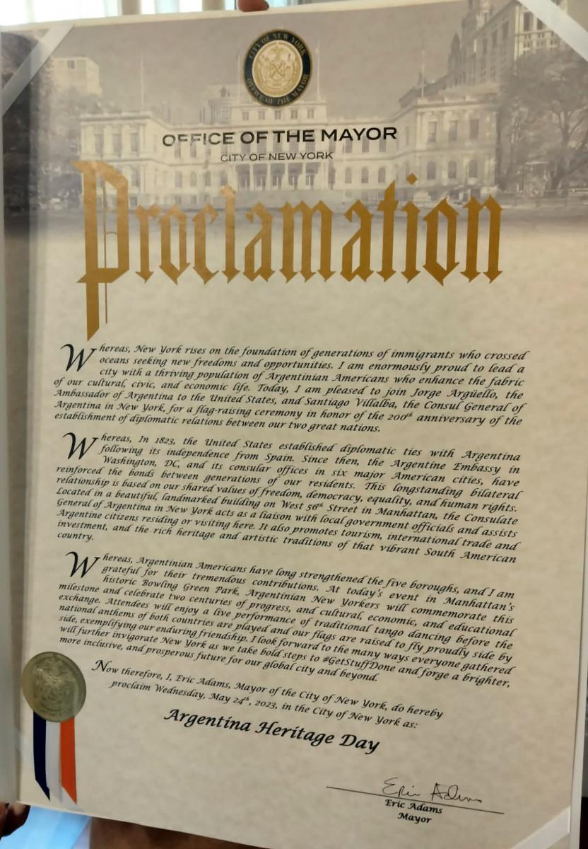 El alcalde de Nueva York publicó una proclama en la que declaró el Día del Legado Argentino Foto TWJorArguello